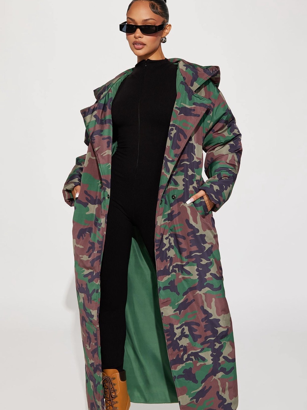 Fashion Nova Green & Brown Camo Long Hooded Trench Coat